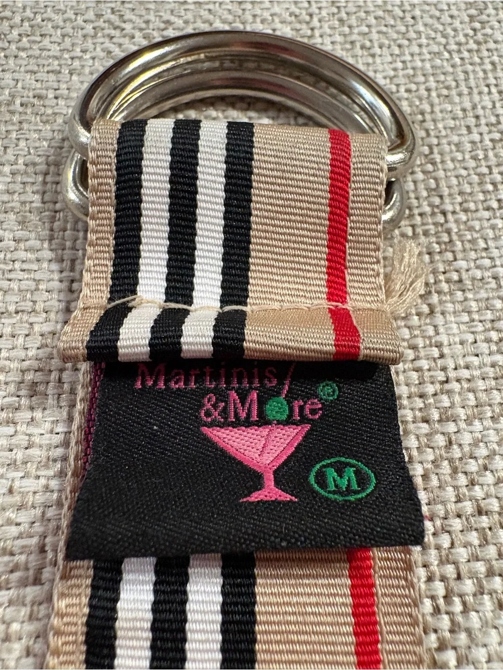 Striped Canvas D Ring Belt Tan Black White Red Adjustable 40 Inch